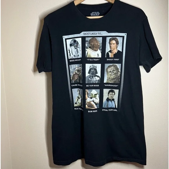 Star Wars Yearbook Characters “Most Likely To…” Black Size Large 100% Cotton EUC - Picture 1 of 7